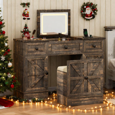 MDGC 3 in 1 Vanity Desk with Mirror and Lights, Farmhouse Dressing Table with Charging Station, Compact Makeup Vanity Table with 3 Drawers & Hidden Storage Stool (Rustic Brown)