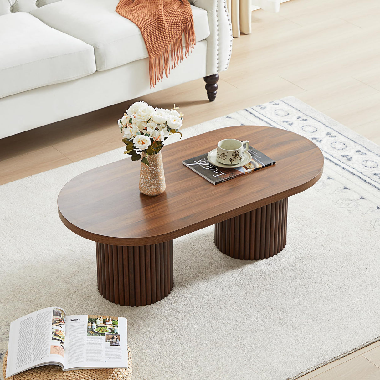 AVZEAR Oval Fluted Coffee Table for Living Room, Mid Century Modern Coffee Table with Fluted Legs, Curved Round Wooden Center Table for Home, Office, Cafe, Vintage Walnut (39.38" x 19.69" x 13.78") AVZEAR