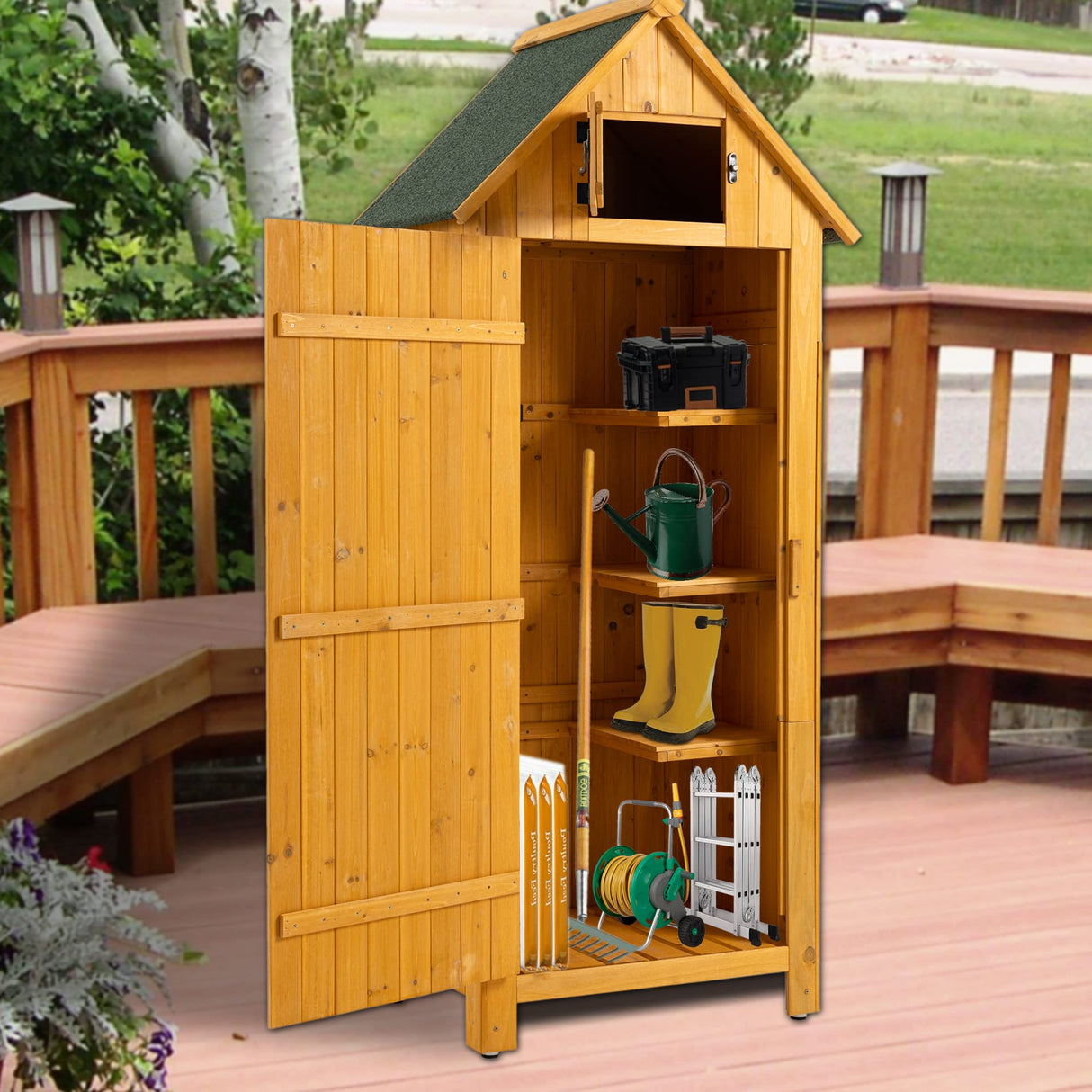 Outdoor Storage Cabinet, Garden Wood Tool Shed, Outside Wooden Shed Closet with Shelves and Latch for Yard, Patio, Deck and Porch,30.3”L X 21.3”W X 70.5”H (Natural) Anwick