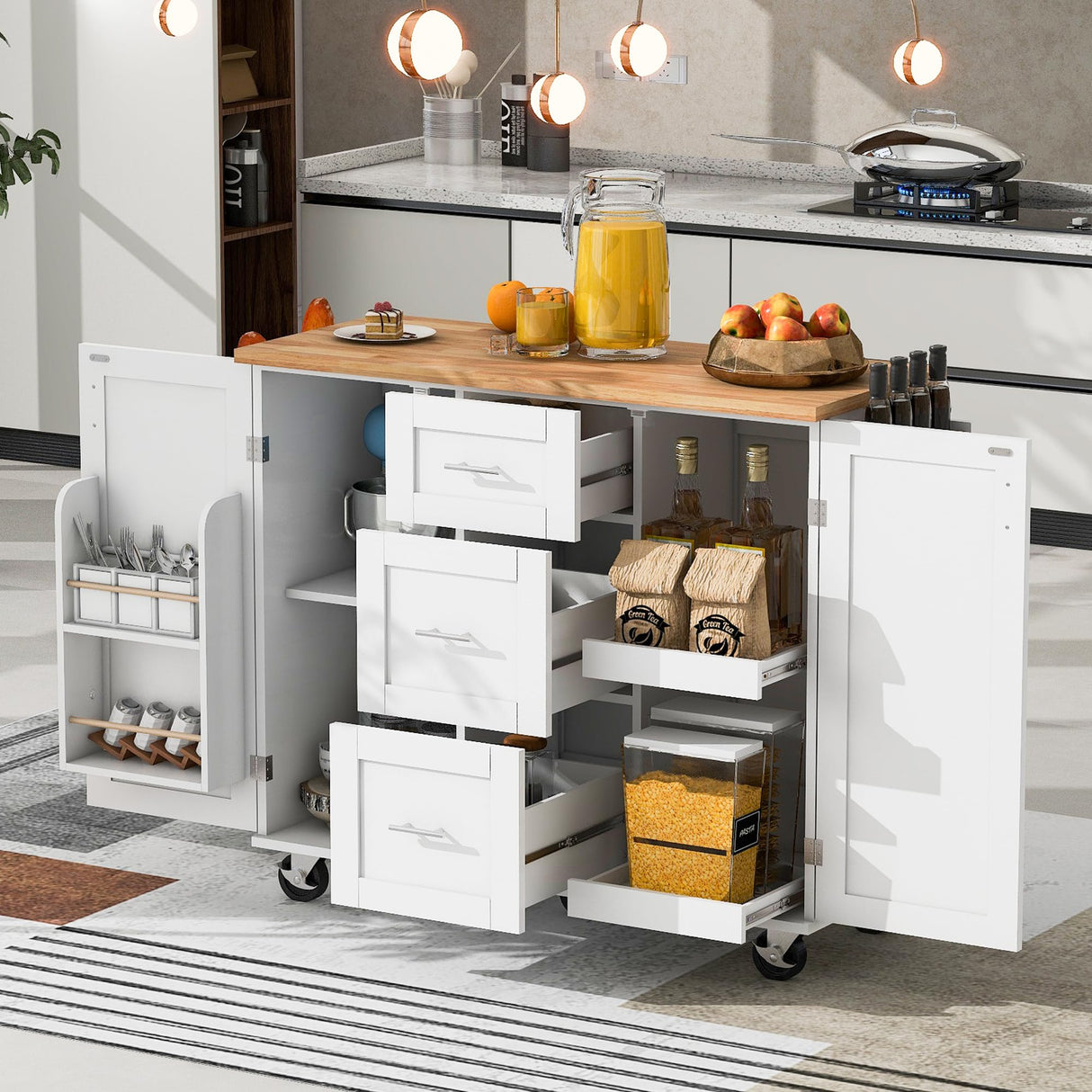 Rolling Kitchen Island with Storage, Kitchen Island on Wheels with Spice Rack & Tower Rack, Kitchen Cart with Rubber Wood Top, 3 Drawer, 2 Slide-Out Shelf and Internal Storage Rack, (White-50) LAWGLLAABT