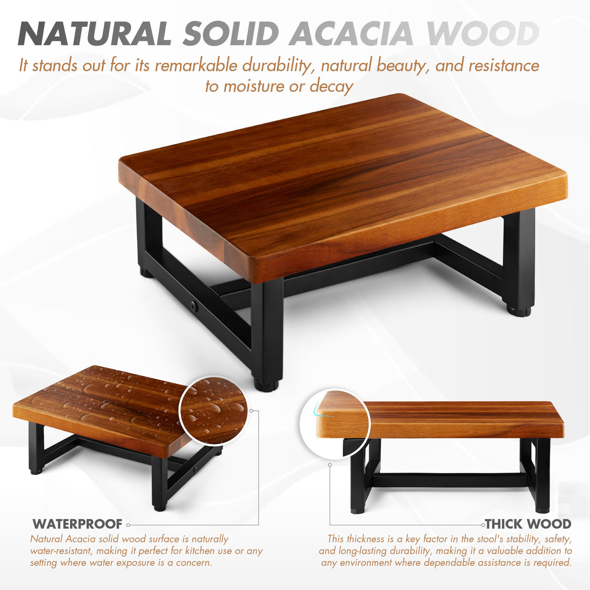 FANATU Wooden Two Step Stool - Heavy Duty One Step Stool for Adult and Kids - Holds up to 500Lb for Kichen/Bathroom/Bedside Step Stool (Acacia) FANATU