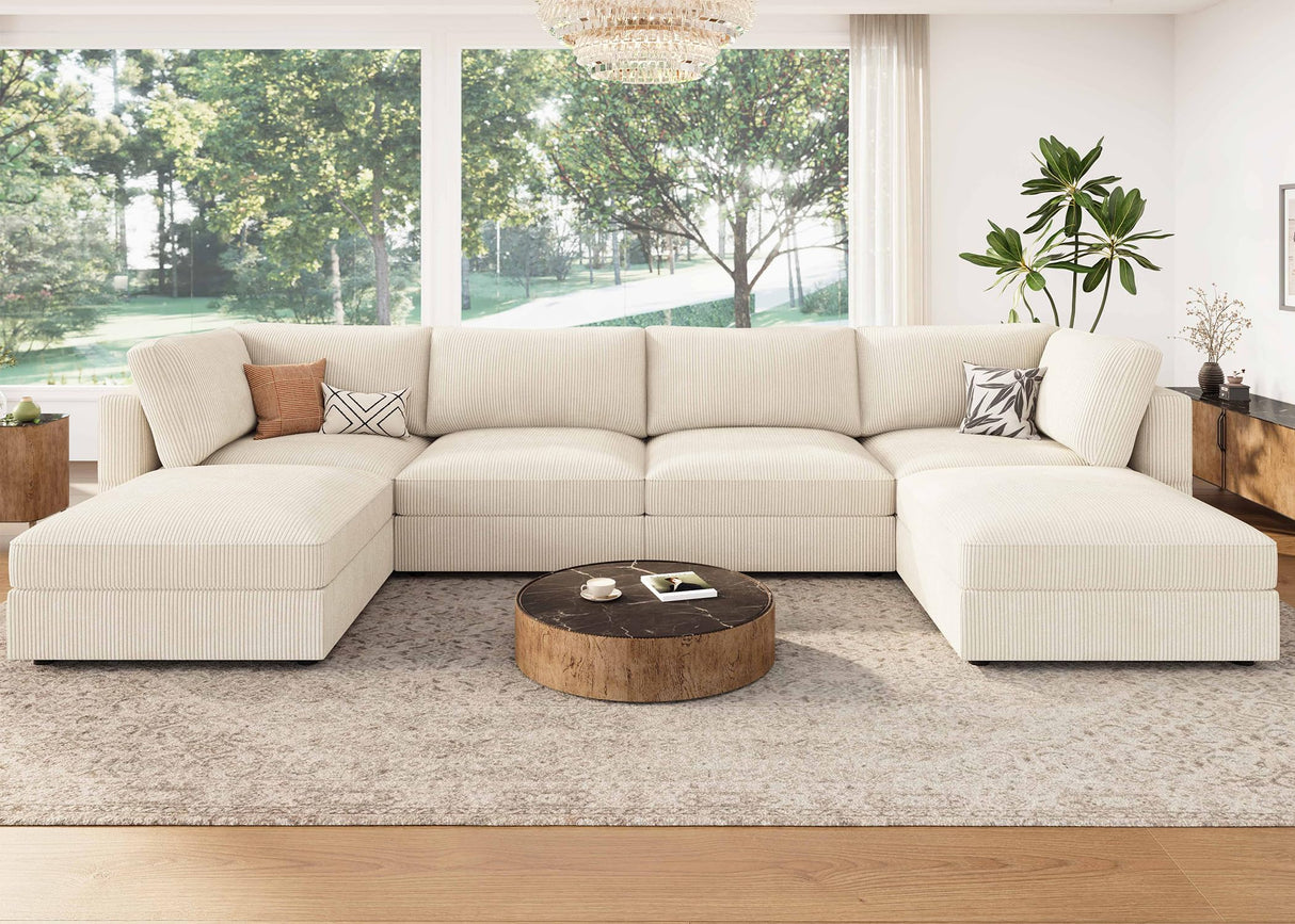 HONBAY Modular Sectional Couch with Storage Corduroy Sectional Sofa with Chaise U Shaped Sectional Couches for Living Room,Beige HONBAY