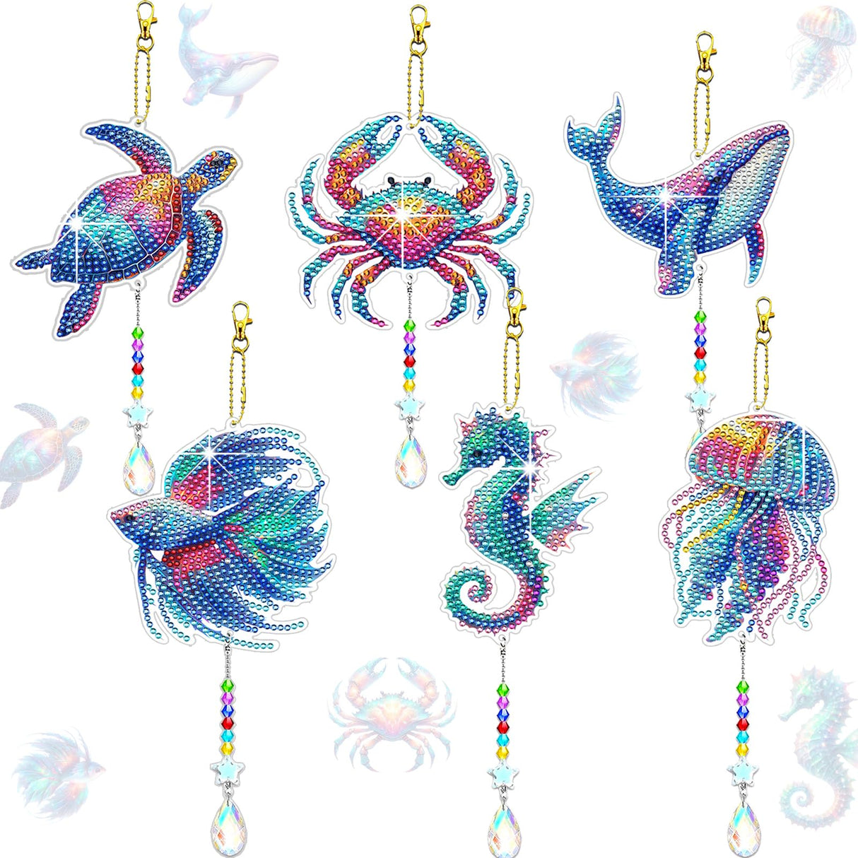 JeCuiK 6 Pcs Ocean Diamond Art Kits for Adults Diamond Painting Wind Chimes Sea Animal Diamonds Painting Suncatcher Double Sided Small Diamond Painting Kits Best Gifts for Mom JeCuiK