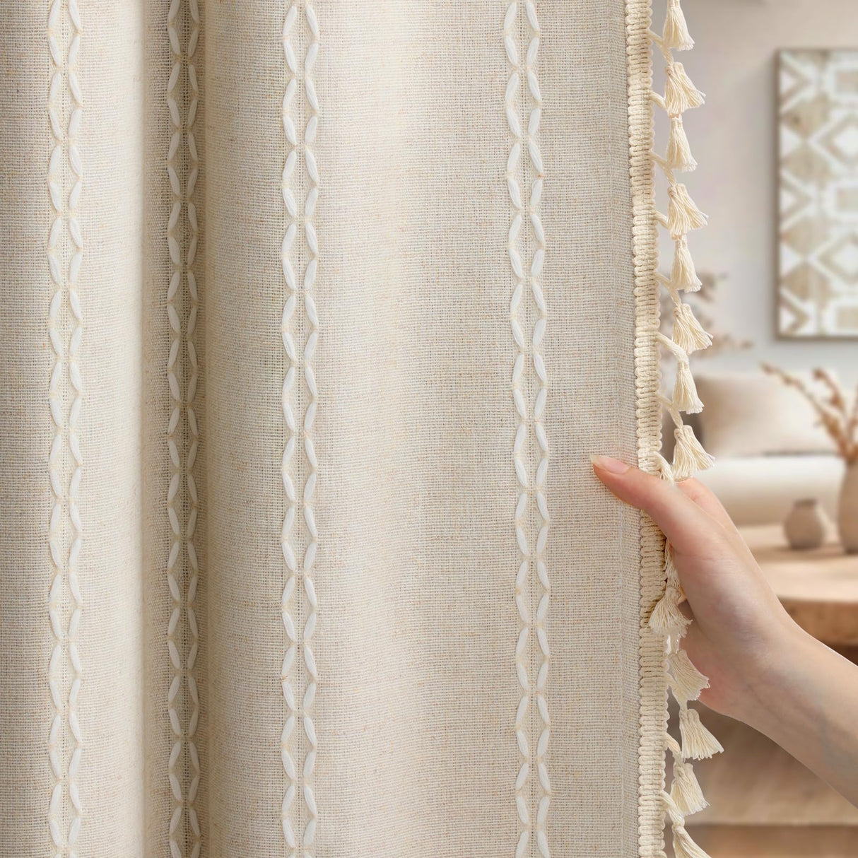 XOGUIBO Boho Blackout Curtains 2 Panels 84 Inch for Living Room Bedroom, Beige Linen Texture Farmhouse Curtains with Tassels and Cotton Embroidery Vintage Rustic Western Rod Pocket XOGUIBO