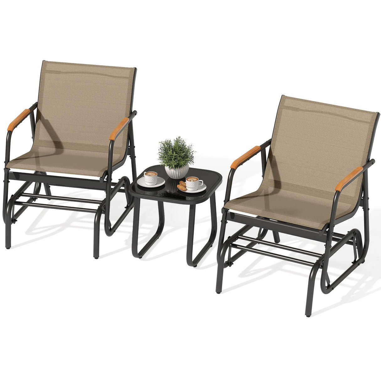YITAHOME 3 Piece Patio Furniture Set, Outdoor Glider Chair Bistro Set, Coffee Table with Tempered Glass Tabletop, Patio Textilene Chairs Set of 2 for Backyard, Lawn, Garden, Balcony and Porch, Brown YITAHOME