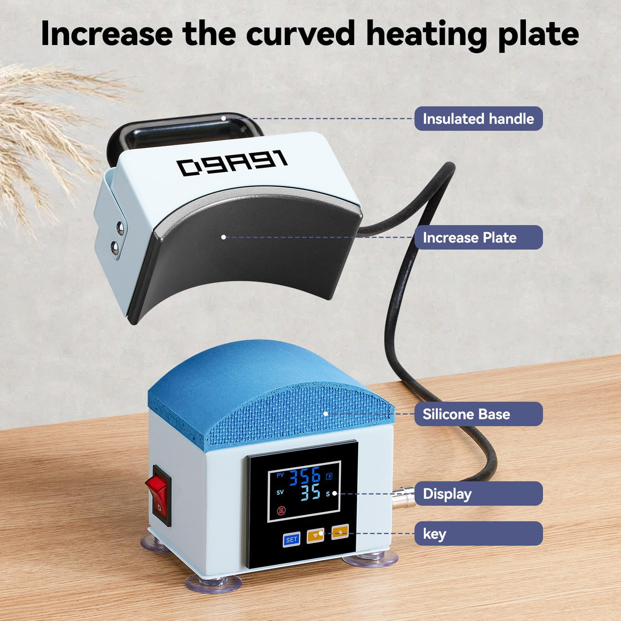 D9A91 Hat Press,Mini Hat Press Machine. for Caps, T-Shirt & More, Curved Heating Plate and Silicone Base,Heat Up Fast and Even, No Crease, LCD Digital Temperature &Timer Control-Light Blue D9A91