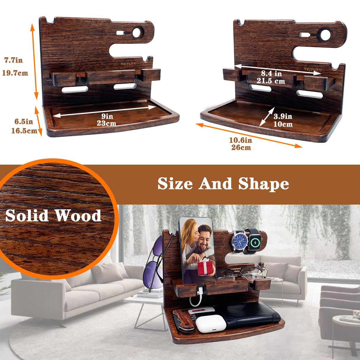 VEIYAILU Gifts for Men Women Dad Husband Boyfriend Wood Phone Docking Station Nightstand Organizer for Men(Dark Brown) VEIYAILU