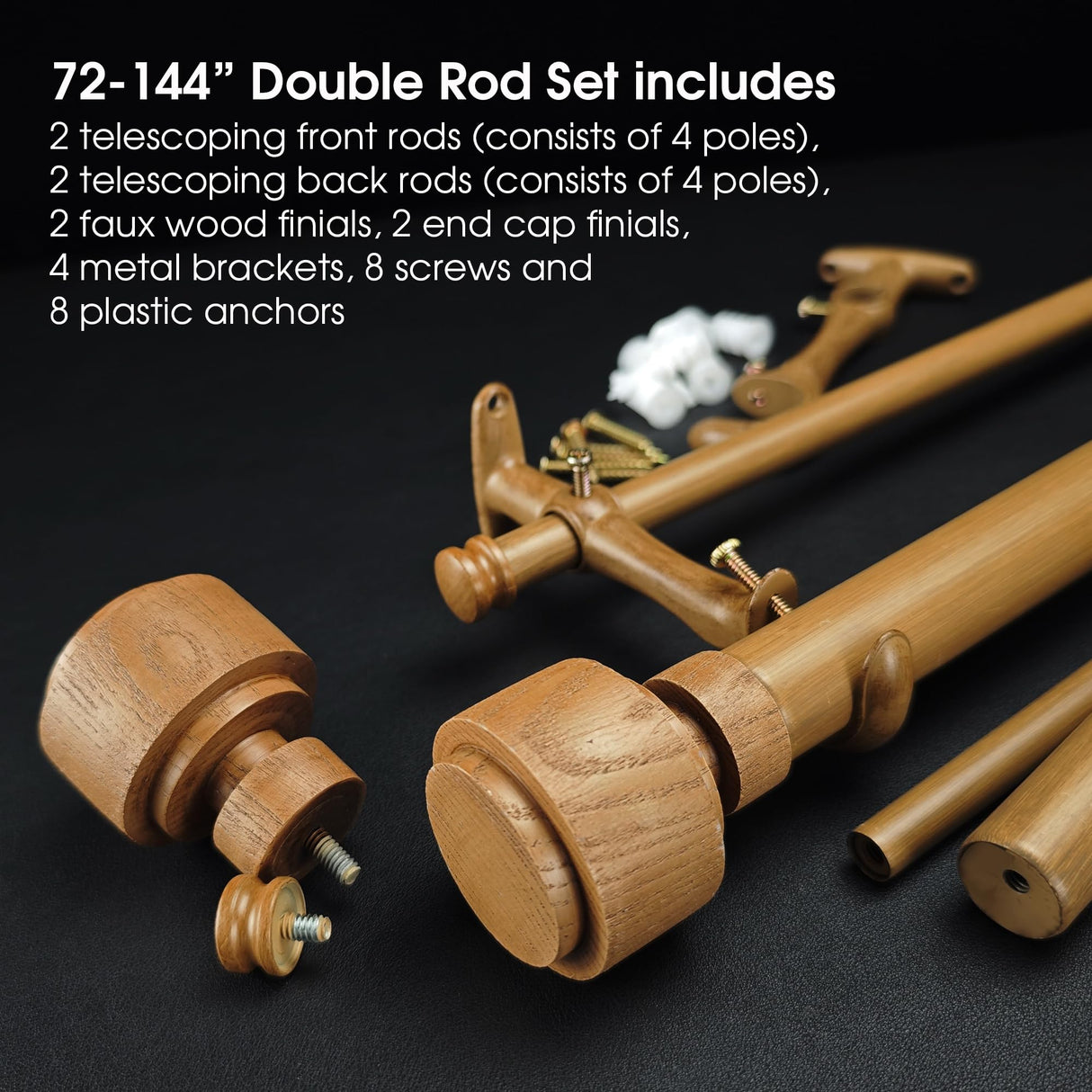 ILAISIHOME 1-1/8 Inch Diameter Faux Wood Curtain Rod with Wood Grain Finials, 72-144 inch Telescoping Double Curtain Rods for window width 68-140 inch, 1 pack ILAISIHOME