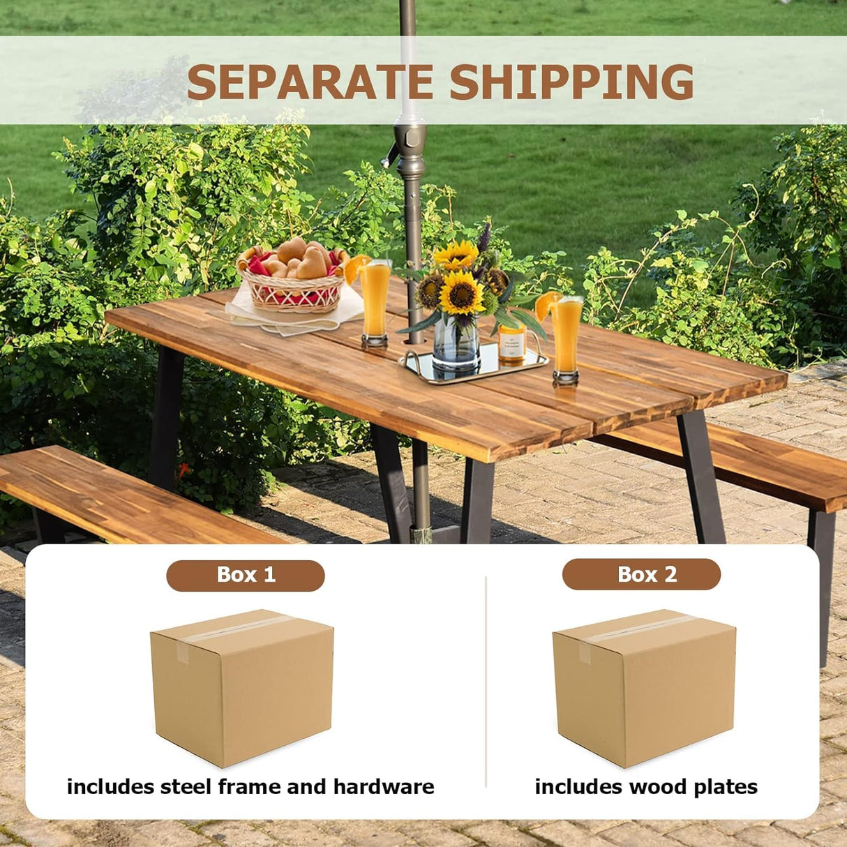 LDAILY Picnic Table, 70’’ x 30’’ Outdoor Wood Dining Table Set with Bench, 2" Umbrella Hole, 1600 LBS Max Load, Metal Frame Picnic Tables for Outdoors 6-8 Persons in Party, Garden, Yard, Patio, Lawn LDAILY