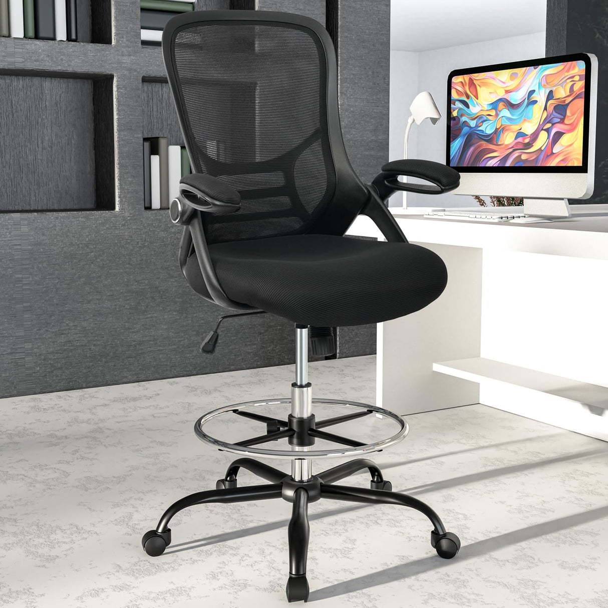 HYLONE Drafting Chair Tall Office Chair High-Back Mesh Standing Desk Stool with Adjustable Footrest Ring and Flip-Up Arms (Black) HYLONE