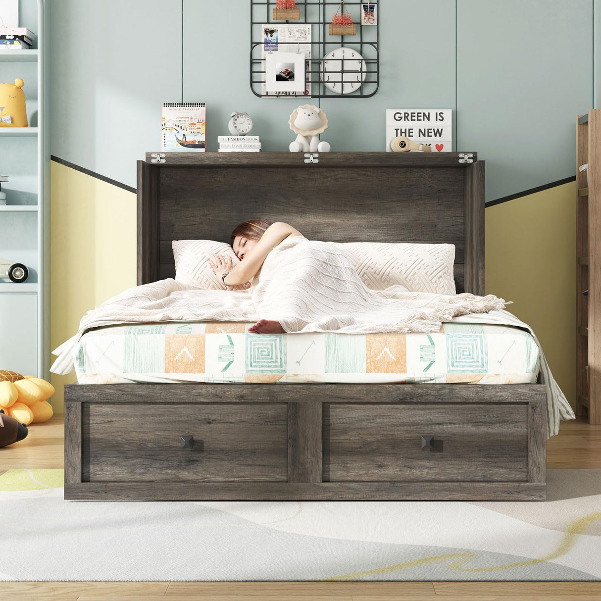 AMERLIFE Full Murphy Bed with Storage & Charging Station, Farmhouse Murphy Cabinet with Foldable Panel, Noisy Free, for Guest Bedroom, Living Room, Office, Rustic Gray AMERLIFE