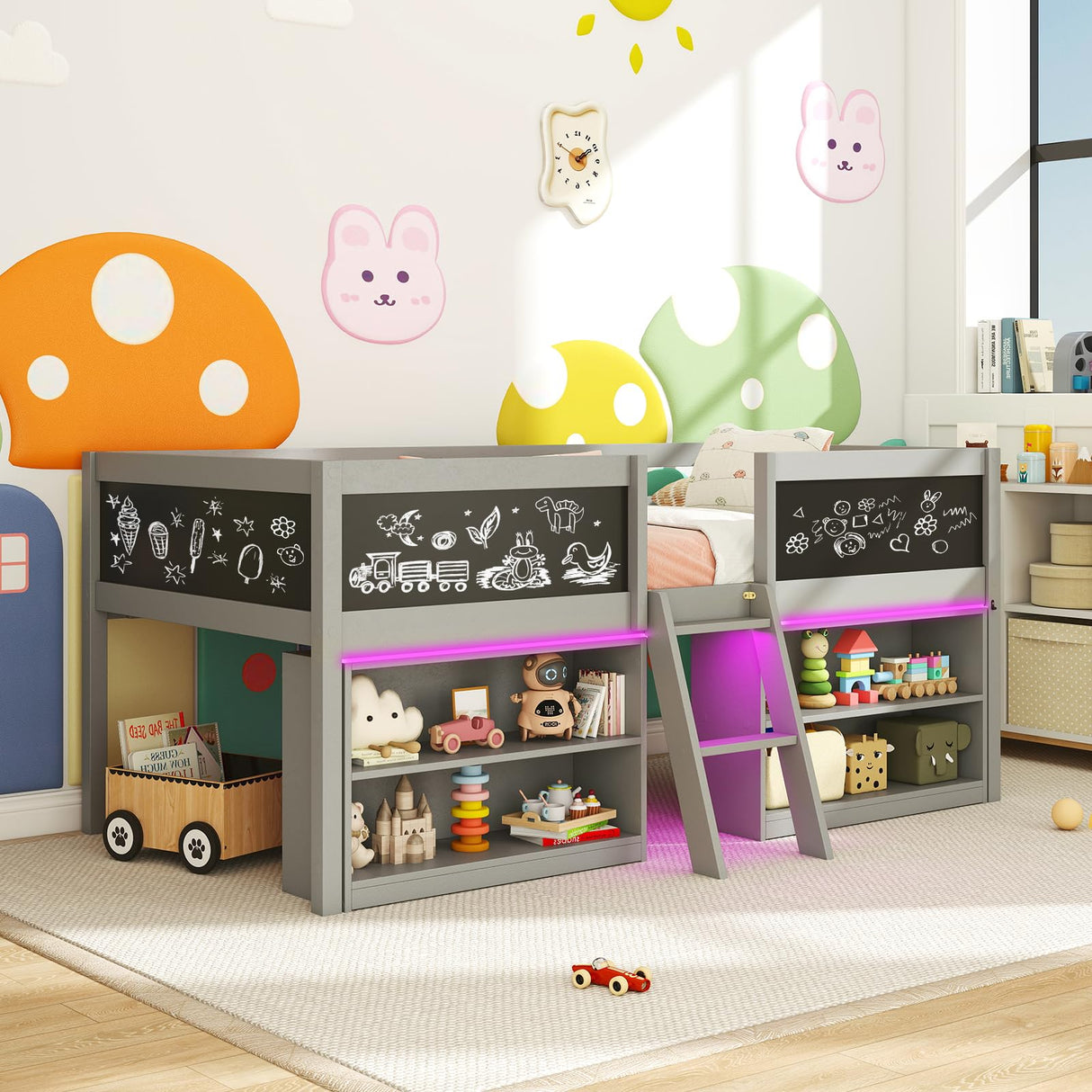 Giantex Low Loft Bed with LED Lights, Wooden Twin Size Loft Bed with Ladder & Blackboard, Twin Bed Frames for Kids with Storage 2 Bookcases and Play Space, Grey Giantex