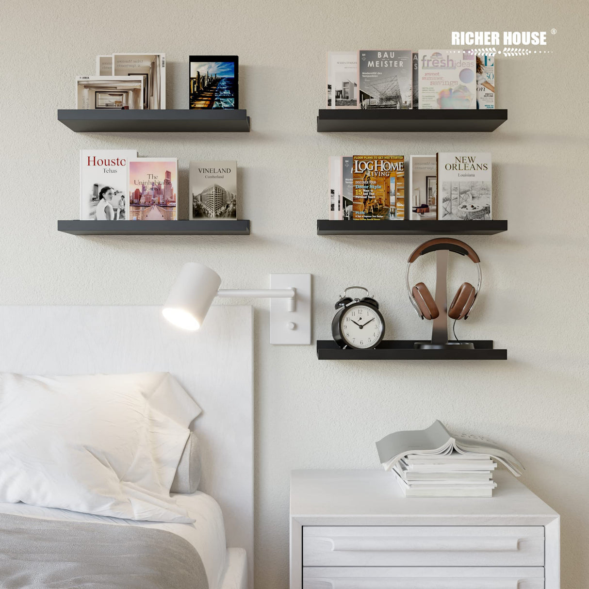RICHER HOUSE 5 Set Floating Wall Mounted Shelves, Black Shelves for Wall Decor, Modern Picture Ledge Shelf with Lip for Storage, Nursery, Bedroom, Living Room, Bathroom - Black RICHER HOUSE