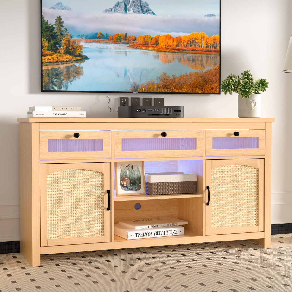 Yeyawomy Rattan Tall Entertainment Center for 65 inch TV, Modern TV Stands for Living Room,Tall TV Stand with LED lights, Storage Cabinet,Adjustable Shelf,Media Console,Wood TV Consoles Yeyawomy