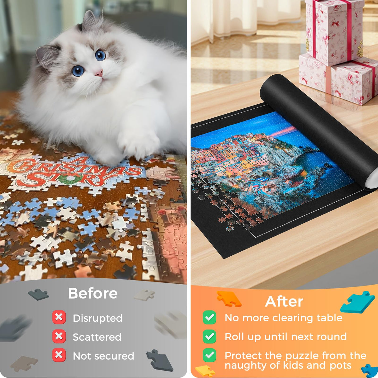 Jigsaw Puzzle Mat Roll Up - Portable Puzzles Saver Pad Up to 1500 Pieces, Full Accessories Puzzle Keeper with 4 Sorting Trays, Storage Bag, Easy Transport & Storage Puzzles Board Soekely