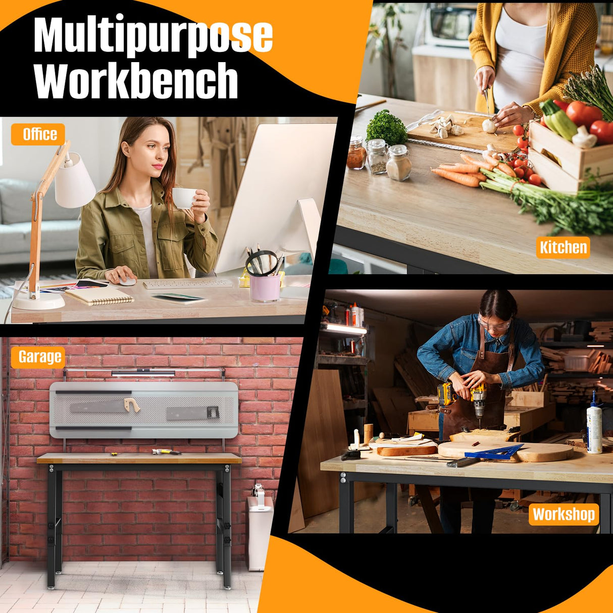 48" Adjustable Work Bench with Power Outlet & Soild Oak Hardwood Top - Heavy-Duty Worktable for Garage, Workshop, Office, Home - 2000 lbs Capacity HONRISE