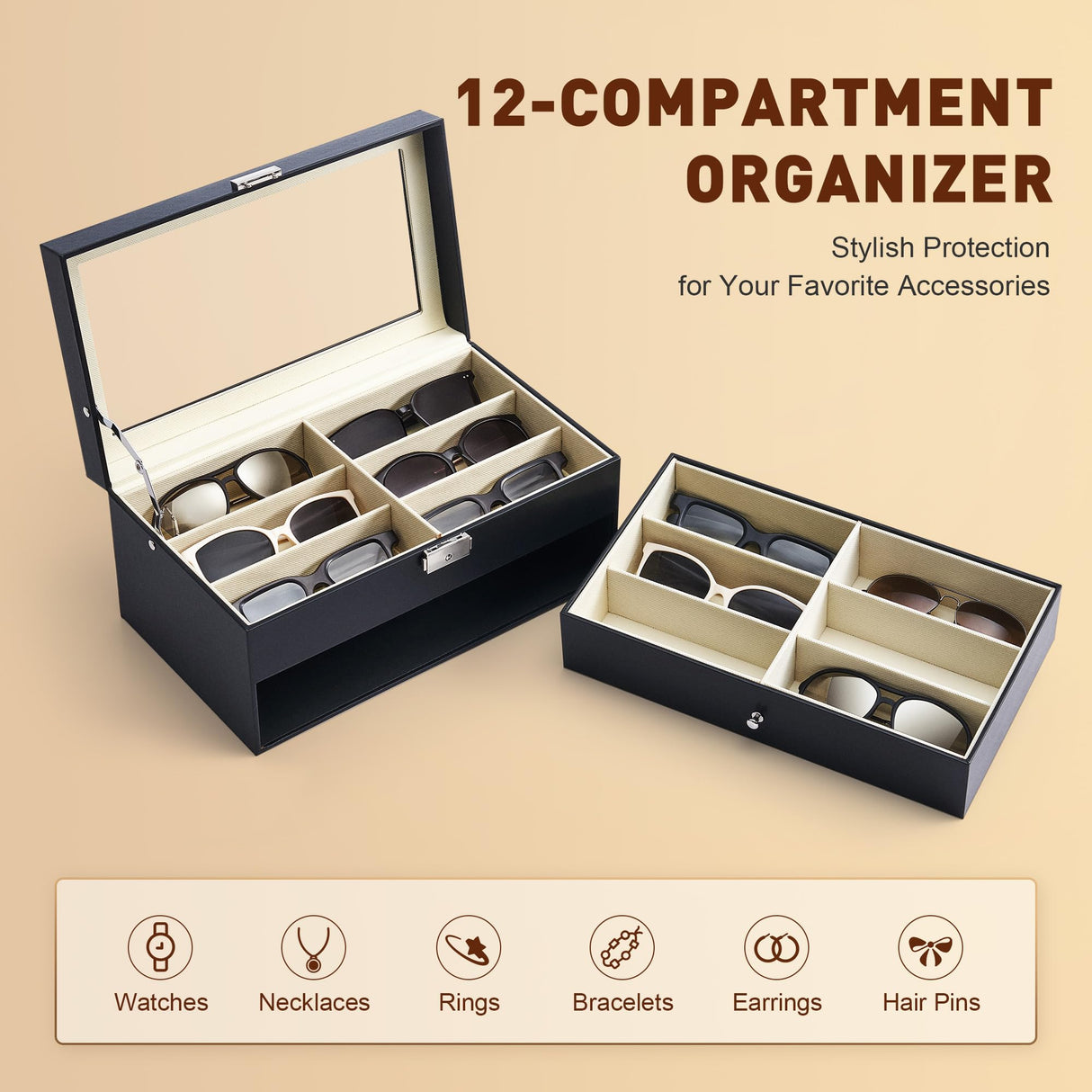 CO-Z Sunglasses Organizer with 12 Slots, Multiple Eyeglasses Eyewear Display Case for Women Men, 2 Story Leather Multi Sunglasses Jewelry Collection Holder with Drawer CO-Z