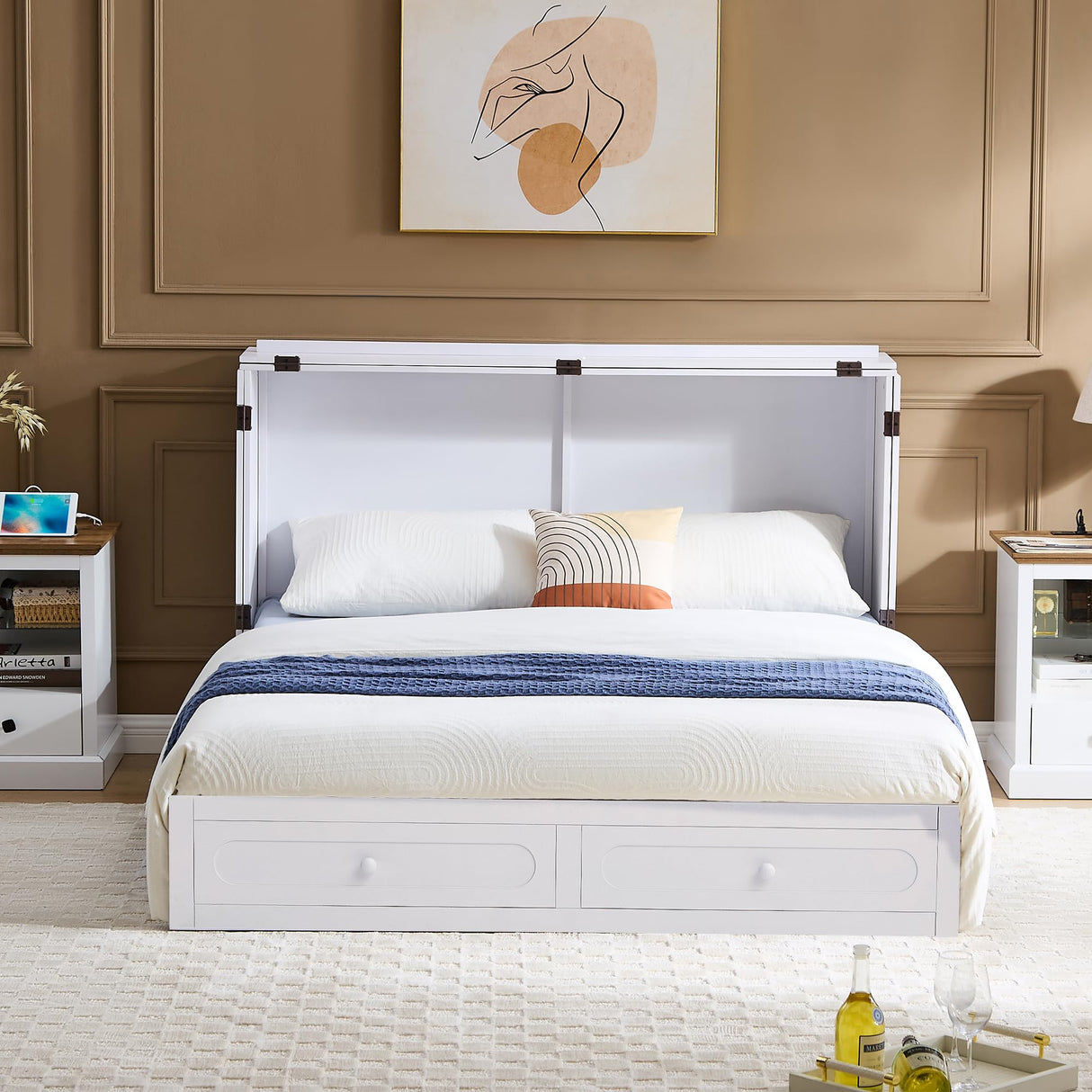 Homnso Murphy Bed Queen,Pine Wood Murphy Bed Cabinet Queen Size withTri-Folding Mattress,Storage Drawer & USB Charging Station for Living Room Apartment (White 3#) Homnso