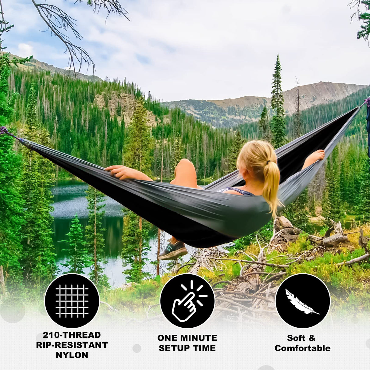 SZHLUX Camping Hammock Double & Single Portable Hammocks with 2 Tree Straps and Attached Carry Bag,Great for Outdoor,Indoor,Beach,Camping,Black & Grey, Large SZHLUX