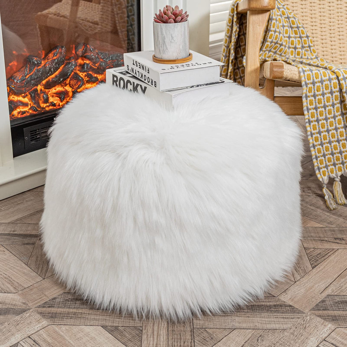 Fur Pouf Ottoman Unstuffed Floor Pouf White Ottoman Foot Rest NO Filler 20x20x12 Inches Round Poof Seat Floor Bean Bag Chair Foldable Floor Chair Storage for Living Room Bedroom White Cover ONLY Asuprui