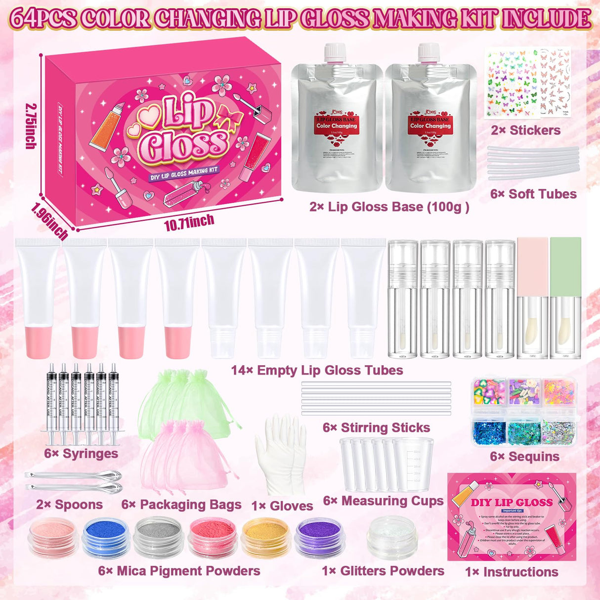 JCOOS Color Changing Lip Oil Kit, 64PCS Make Your Own Flavored Lip Gloss, Moisturizing Lipgloss Sets for Girls & Kids Jcoos