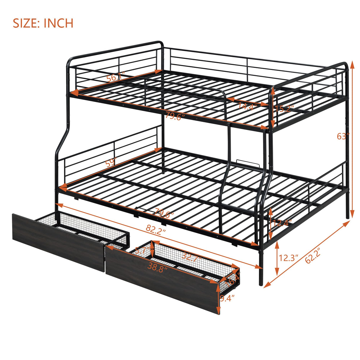 DNYN Full Over Queen Bunk Bed with Storage Drawers for Kids/Adults,Convertible Metal Bedframe w/Ladder & Safety Guardrails,No Box Spring Needed,Perfect for Dorm,Bedroom,Guest Room, Black DNYN