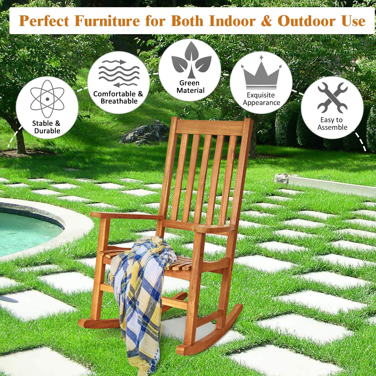 Tangkula Acacia Wood Porch Rocking Chair Set, Wooden Rocking Chair Rocker with High Back & Armrest for Indoor Outdoor Use, Patio Rocker for Garden Lawn Balcony Backyard Poolside (2, Teak) Tangkula