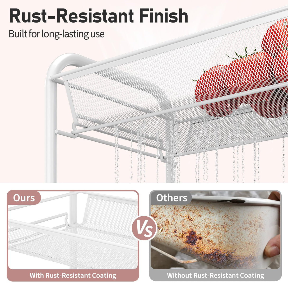 TOOLF 4-Tier Rolling Cart, Metal Utility Cart with 3 Hooks, Easy Assemble Mobile Storage Trolley On Wheels, Metal Shelving Units Kitchen Bathroom Laundry Room TOOLF