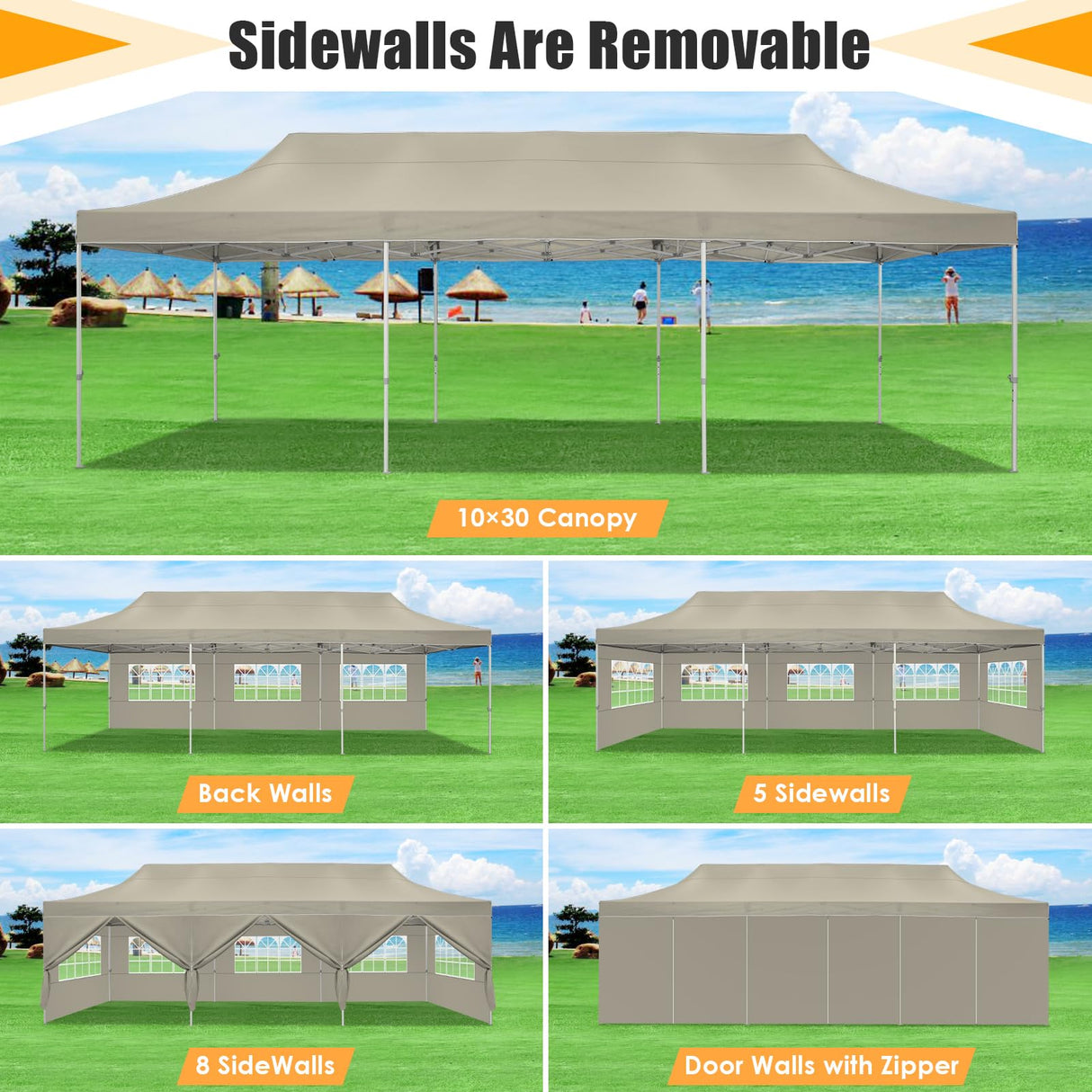 HOTEEL Tents for Parties 10x30 Pop Up Canopy Tent Heavy Duty with 8 Sidewalls, Commercial Party Tent Event Wedding Instant Canopy Waterproof with Carry Bag, UV 50+, Thicked Hexagonal Legs, Khaki Hoteel