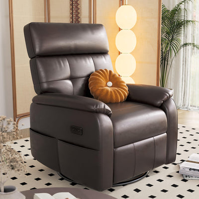 Claiks Power Swivel Rocker Recliner Chair, Oversized Recliner Chairs for Adults, PU Leather Overstuffed Reclining Chair with USB and Type-C Ports for Living Room, Dark Brown