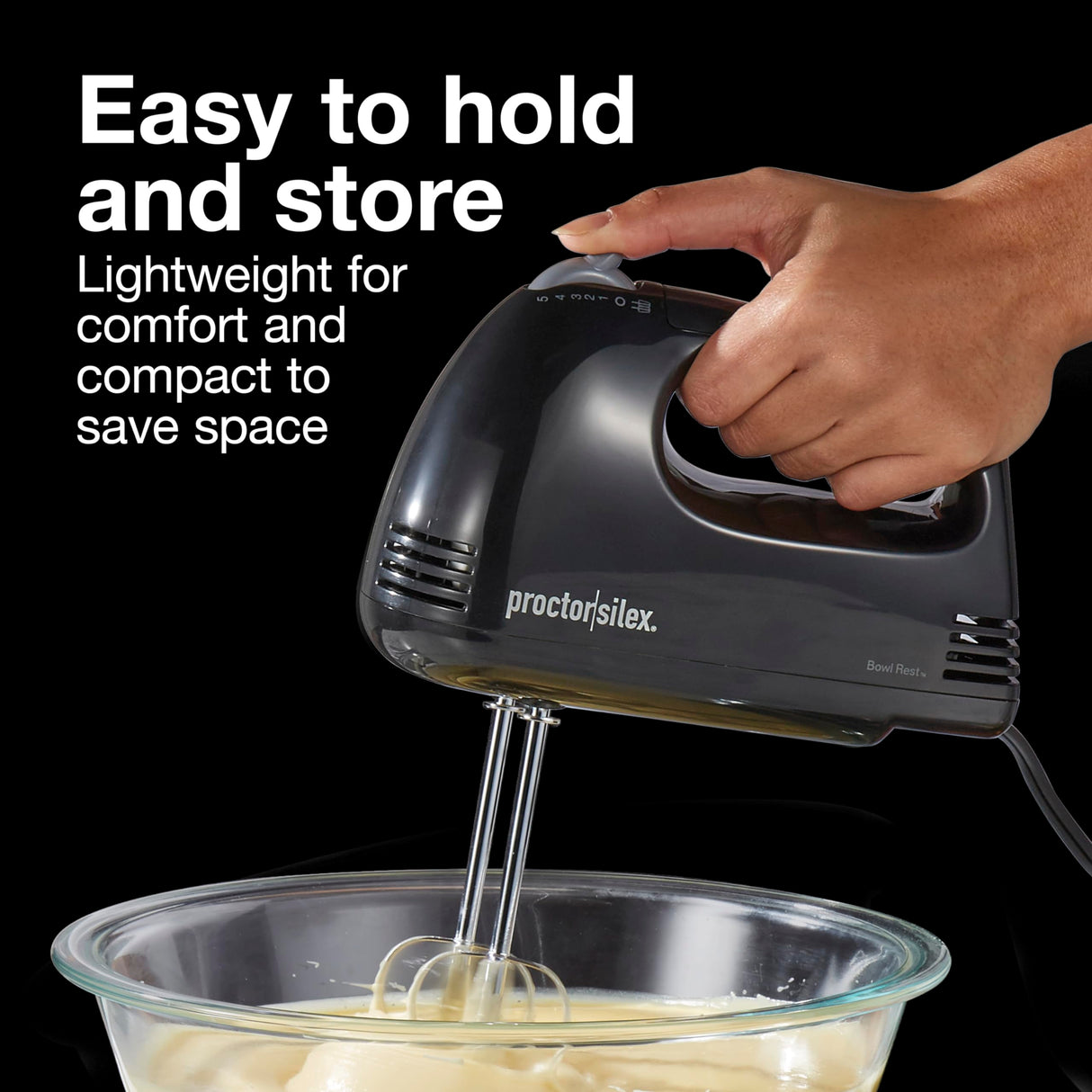 Proctor Silex Easy Mix 5-Speed Electric Hand Mixer with Bowl Rest, Compact and Lightweight, 100 Watts of Peak Power, Black Proctor Silex
