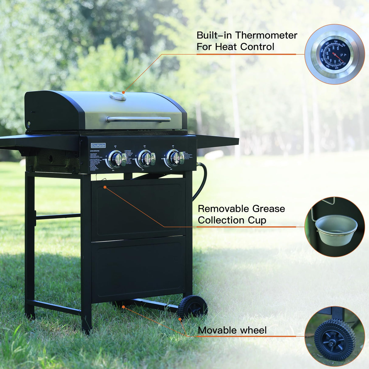 ChuMaste grill propane 3 burner gas grill, Propane grill, bbq grill with thermometer, gas grill outdoor for small gatherings, 30000 BTU barbecue grill with Foldable Rack. ChuMaste