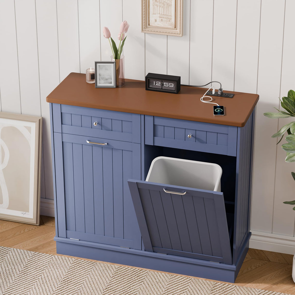 Betterhood Double Tilt Out Trash Cabinet with Power Outlet, 10 Gallon Trash Cabinet with Storage,Pet Proof Trash Can with 2 AC & USB Sockets for Kitchen,Living Room (Blue) Betterhood