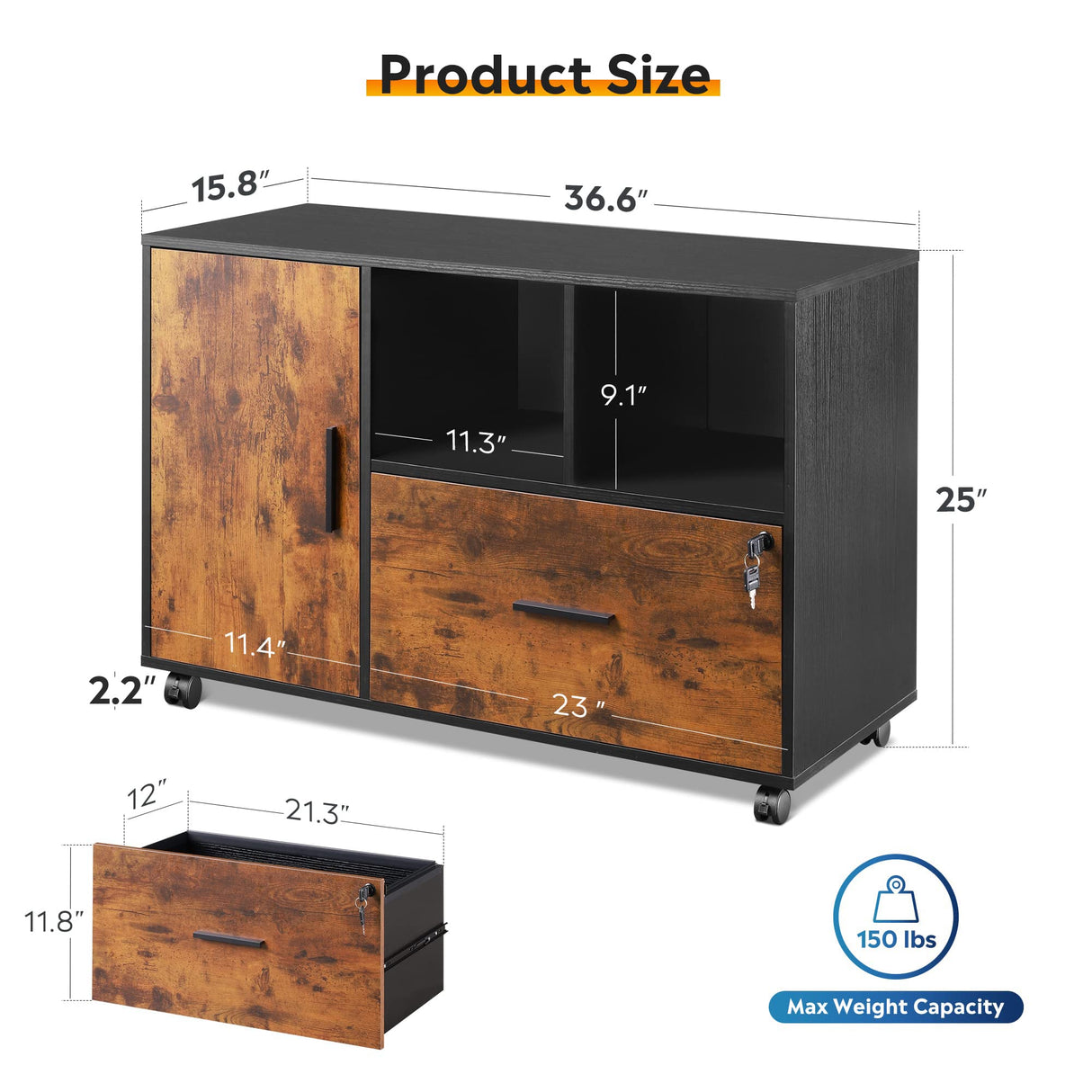 DEVAISE File Cabinet with Lock, 1 Drawer Rolling File Cabinet, Wood Lateral Filing Cabinet for Home Office, Printer Stand with Storage, Rustic Brown DEVAISE