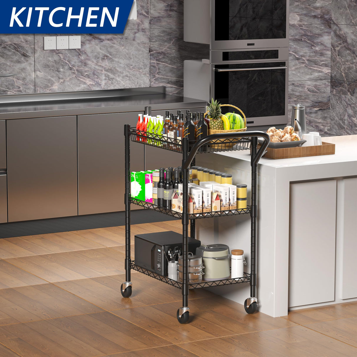 3 Tier Heavy Duty Rolling Utility Cart,18" D x 23.8" W x 36.6" H Rolling Carts with Wheels,Commercial Grade Metal Cart with Handle Bar & Shelf Liner,Trolley Serving Storage Cart for Kitchen Black REGILLER