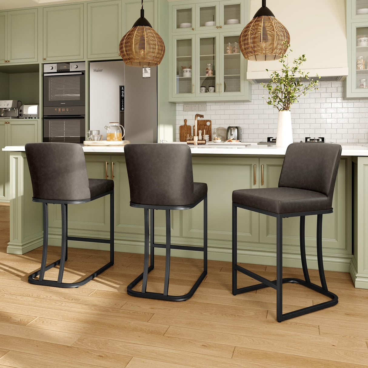 MAISON ARTS Counter Height Bar Stools with Back Set of 3 for Kitchen Counter, 24 Inch Modern Upholstered Faux Leather Barstools Farmhouse Bar Chairs Luxury Island Stools Support 330LBS, Grey MAISON ARTS