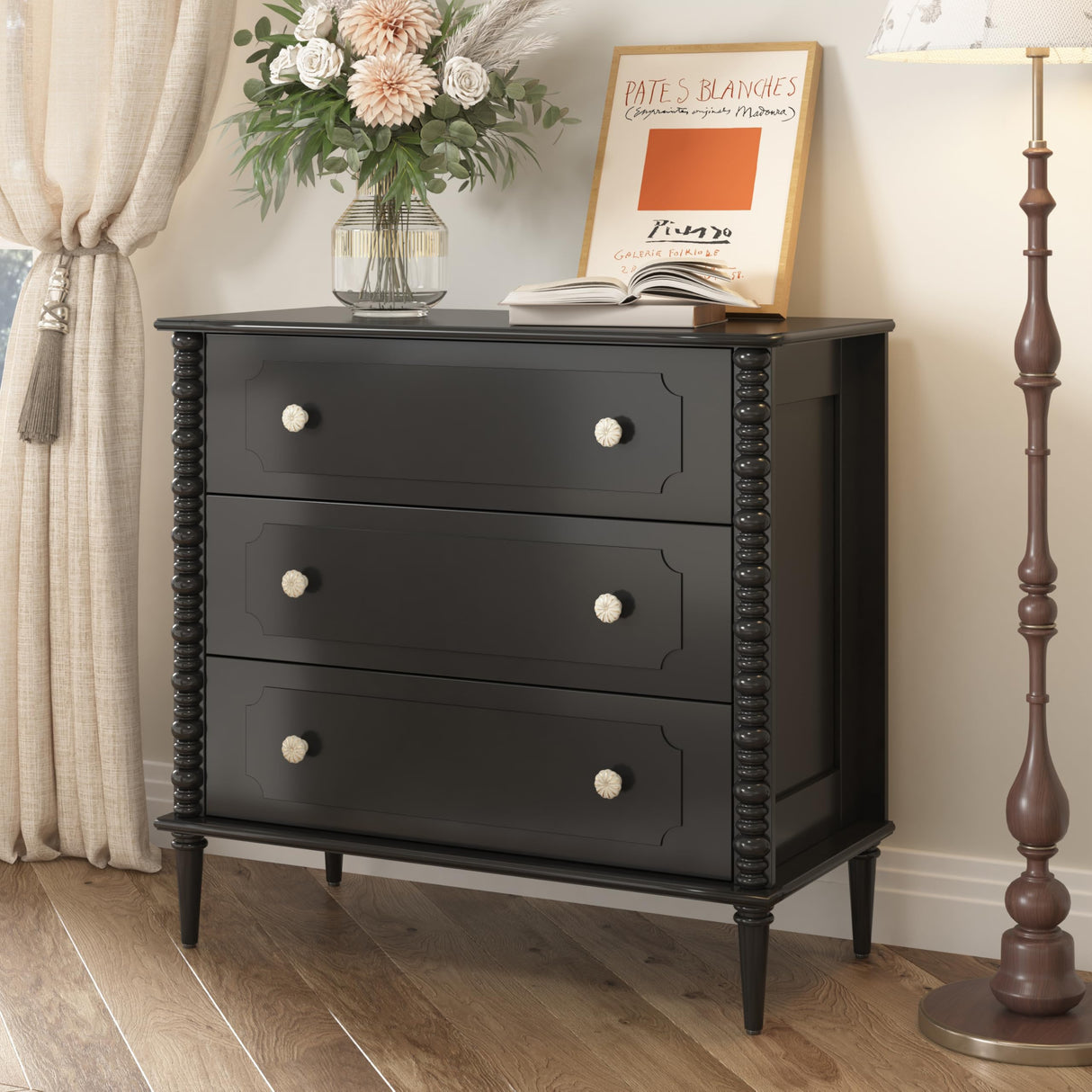 ZOSQUARE 3 Drawer Dresser, 32 inch Wide Dresser for Bedroom, Modern Wood Chest of Drawers, Turned Legs Nightstand with 3 Drawers for Dorms, Hallway, Entryway (Black) ZOSQUARE