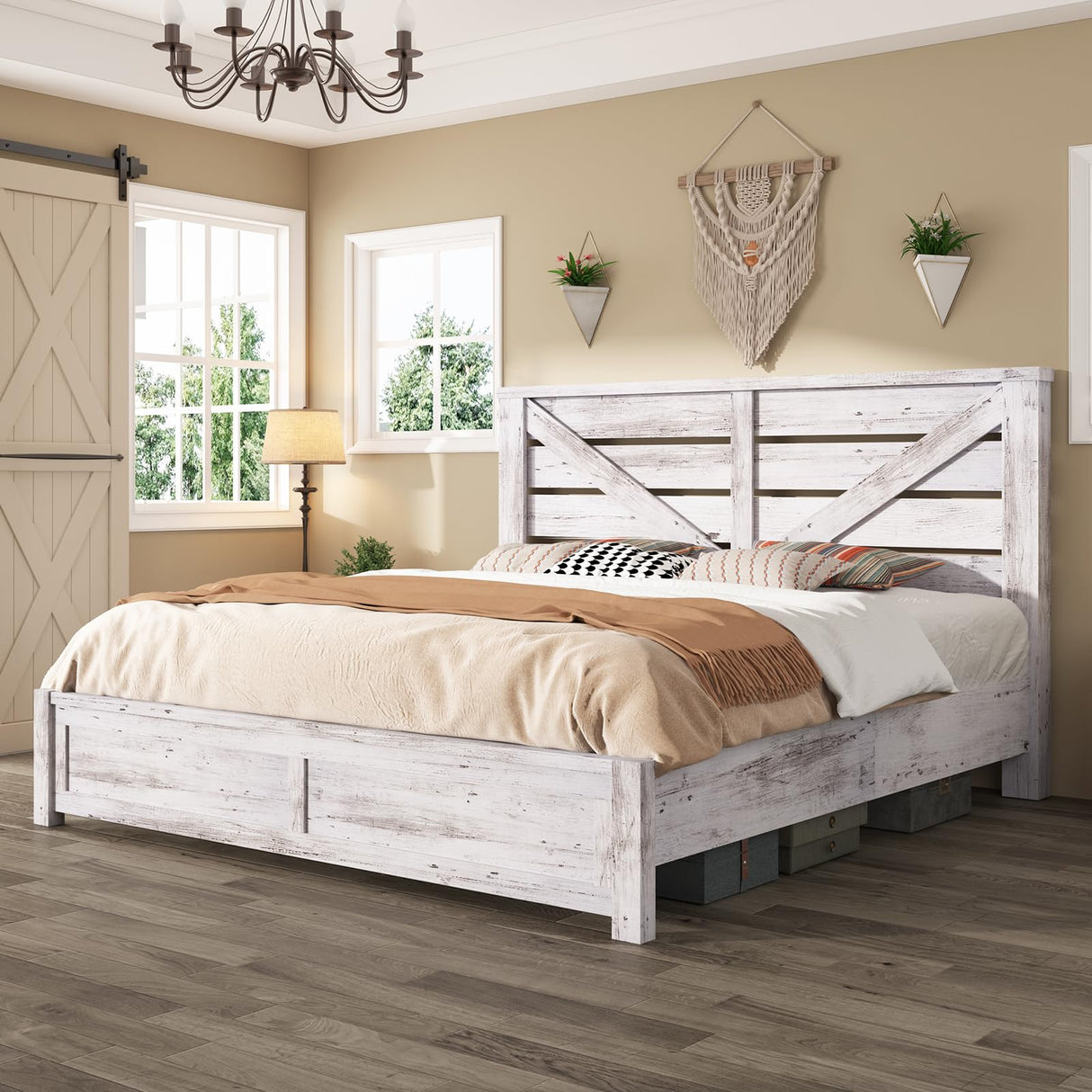 AMERLIFE King Size Distressed White Farmhouse Bed Frame with Barn Door Headboard and Under Bed Storage AMERLIFE