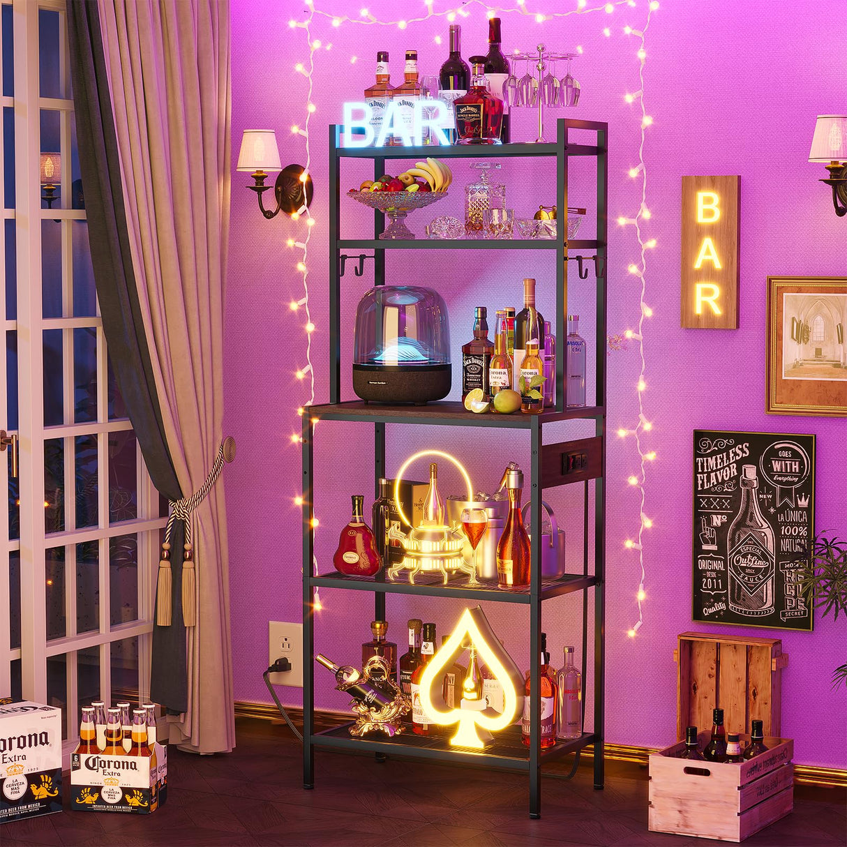 Roxibelt S1 Kitchen Bakers Rack with Power Outlet, Microwave Stand with Storage 5-Tiers, Freestanding Coffee Bar Table with 4 Hooks, Kitchen Storage Shelf 13" D x 22.9" W x 58.3" H, Rustic Brown Roxibelt