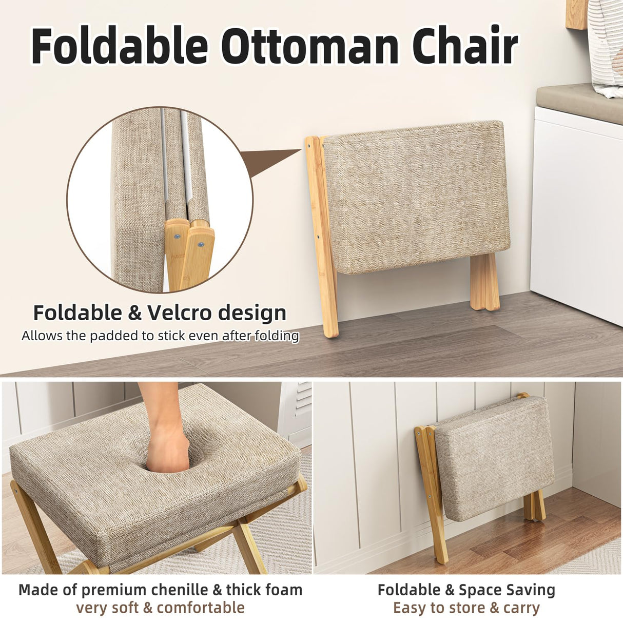 BAMBOOHOMIE Foldable Foot Stool Ottoman, Modern Foot Rest with Bamboo X Legs & Thick Foam Cushion, Folding Foot Stools Small Padded for Bedroom Living Room, Makeup Vanity Stool Chair (Natural - Brown) BAMBOOHOMIE