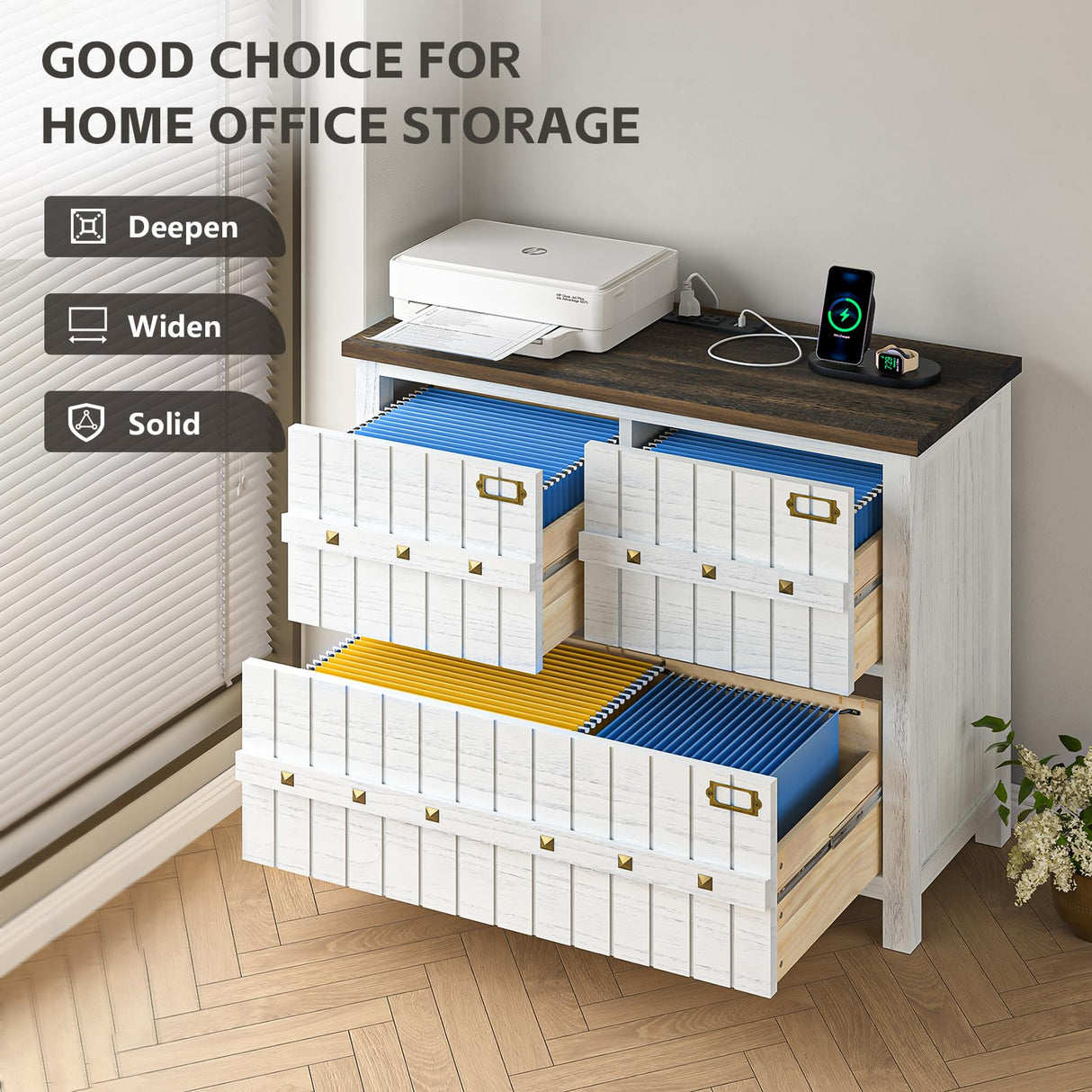 TVU Farmhouse 3 Drawer File Cabinet with Charging Station, Solid Lateral Filing Cabinet for Home Office, Office Organizer for Legal/Letter/A4/Folders File - Beside Desk Printer Stand TVU