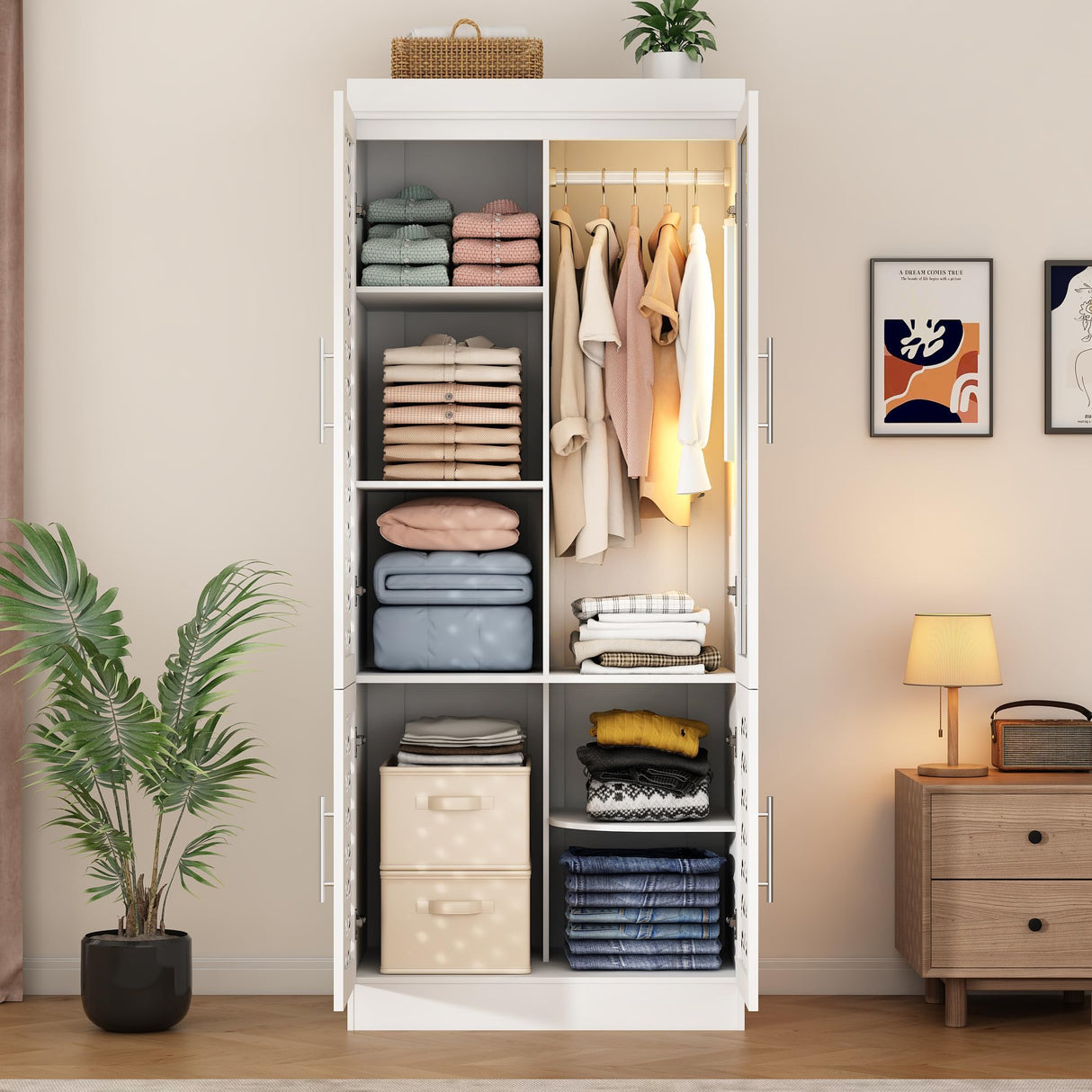 chartustriable Armoire Wardrobe Closet with Woven Doors and Mirror 75.6" Large Armoire Wardrobe Cabinet with Storage Drawers and Hanging Rail, Freestanding Closets for Bedroom chartustriable