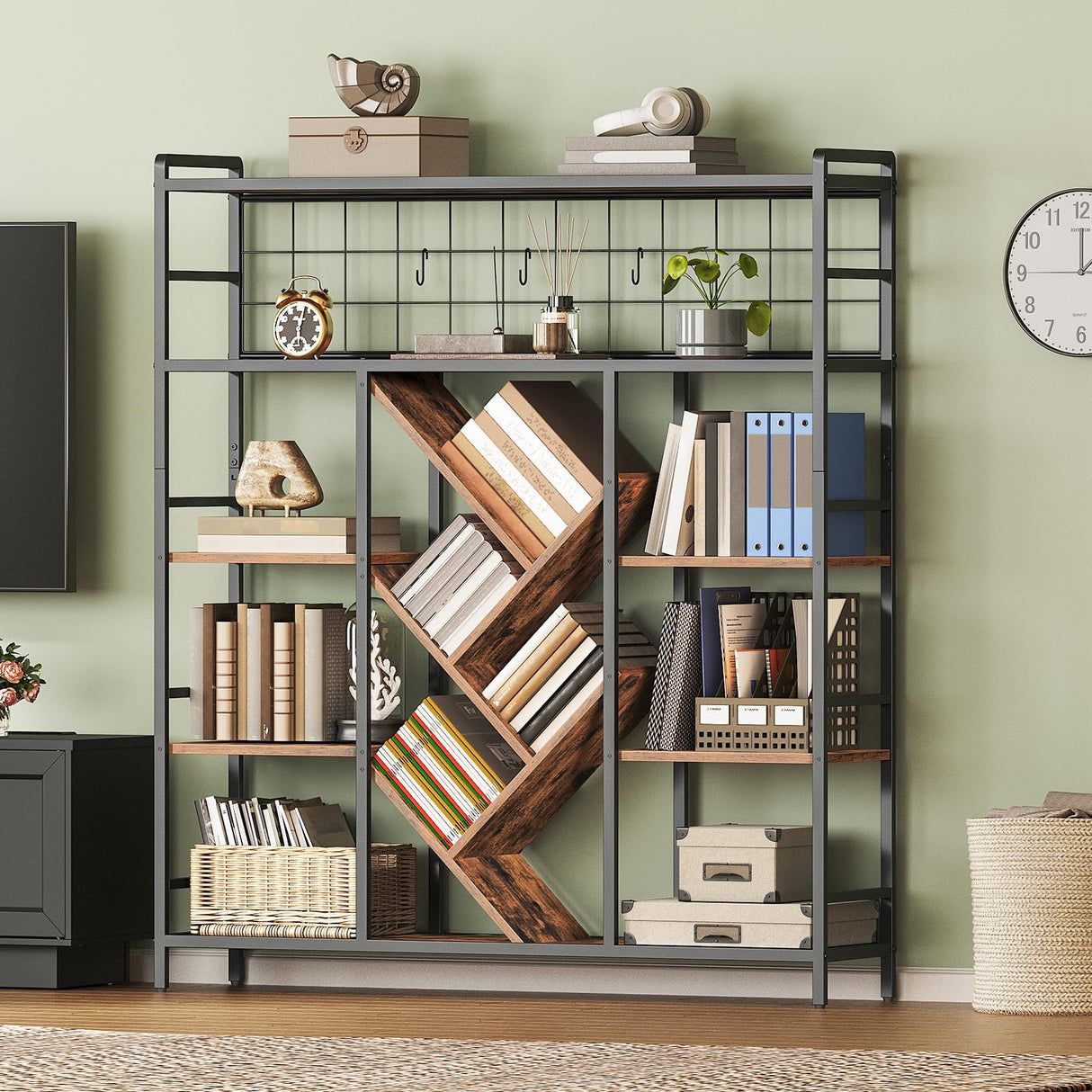 RALGEND Triple 5-Tier Bookshelf, Industrial Large Bookcase with 14 Open Display Shelves, Modern Tree Bookcase with Metal Frame and Hanging Function for Living Room, Home Office, Rustic Brown and Black RALGEND