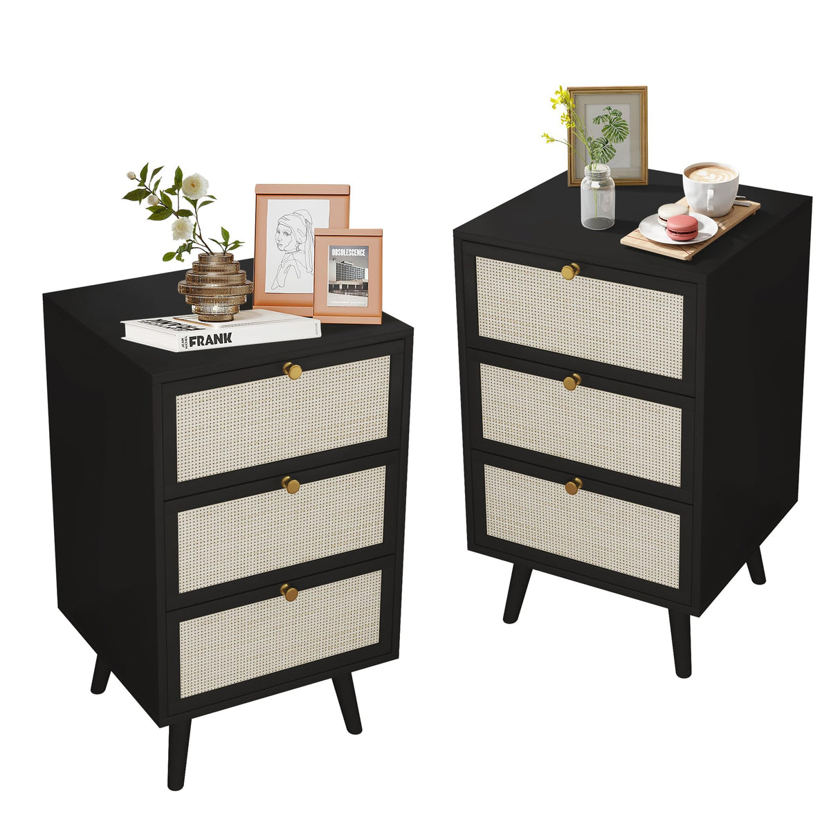 PHOYAL Rattan Nightstand Set of 2, End Table Rattan Bedside Table with Storage 3-Drawer Side Table with 3 Hand Made Rattan Decorated Drawers Wood Accent Table, Black 2 Pack PHOYAL