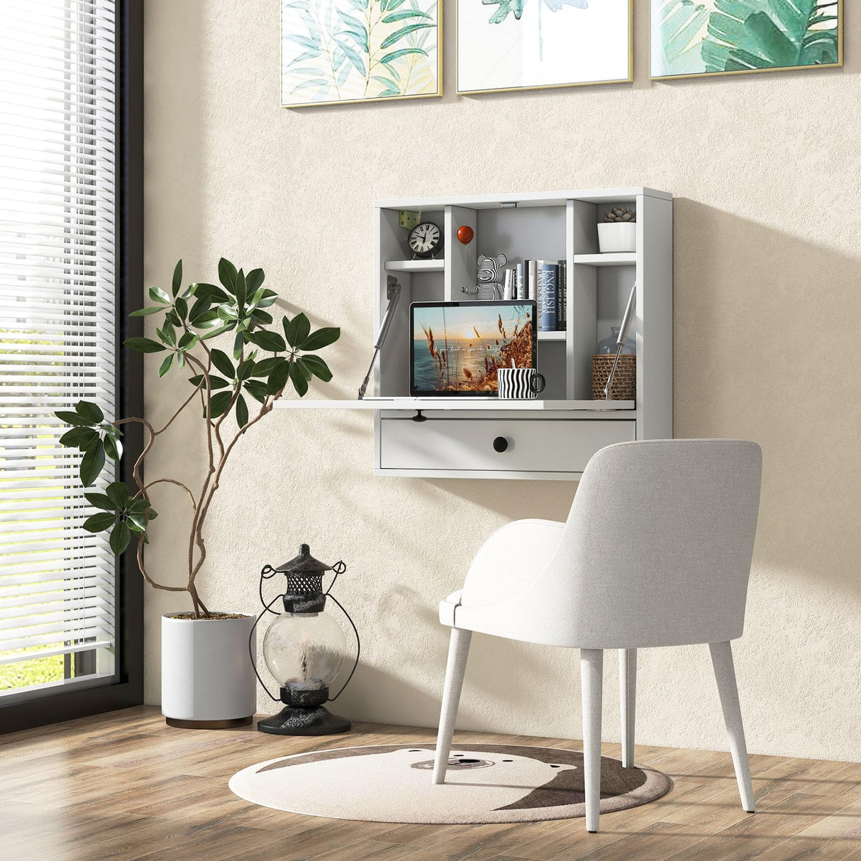 Tangkula Wall Mounted Desk, Folding Wall Table Floating Desk Wall Mount Laptop Desk, Space Saving Wall Mounted Table Wall Desk with Storage Drawer & Shelves (White) Tangkula