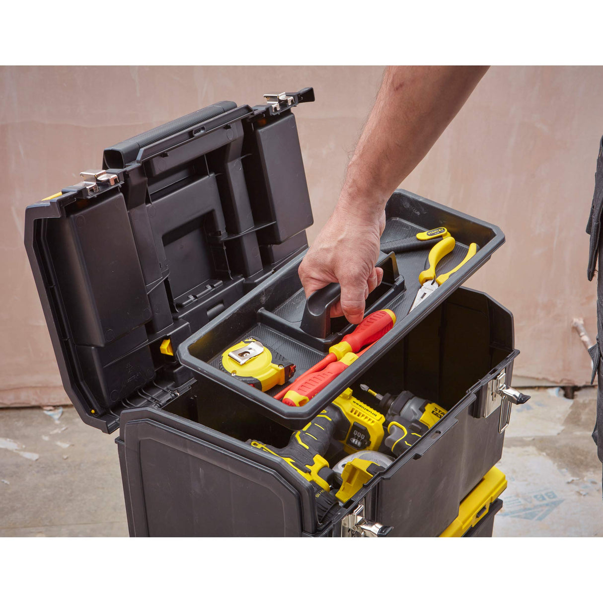STANLEY 3 in 1 Rolling Work Centre Toolbox with Pull Handle, Detachable Toolbox with Portable Tote Tray, 1-70-326 STANLEY