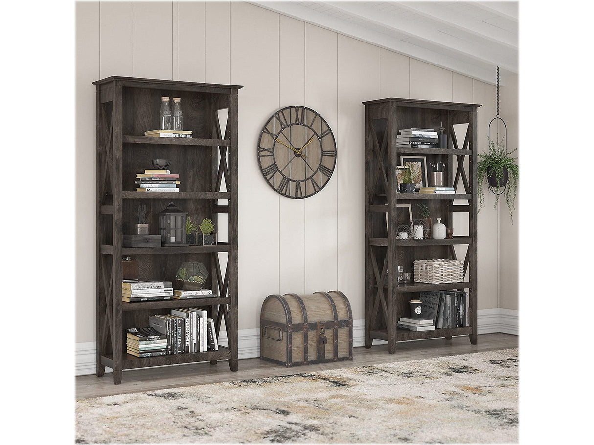 Bush Business Furniture Key West Tall 5 Shelf Bookcase Set in Dark Gray Hickory - Stylish Storage Solution for Any Space Bush Business Furniture