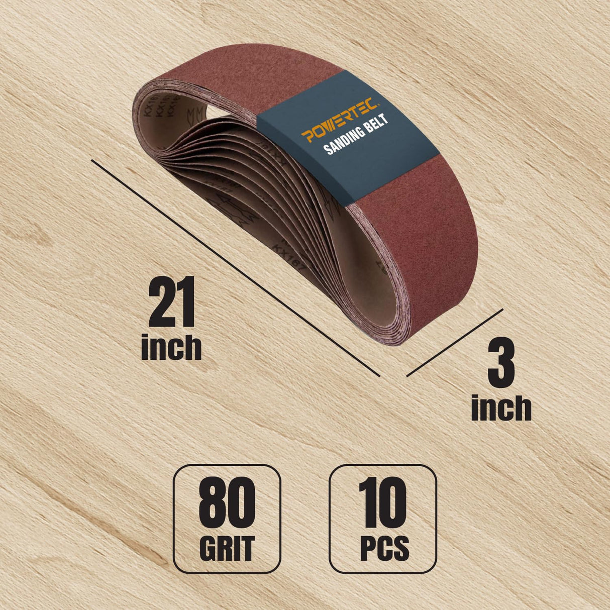 POWERTEC 3 x 21 Inch Sanding Belts, 80 Grit Aluminum Oxide Belt Sander Sanding Belt for Portable Belt Sander, Wood & Paint Sanding, Metal Polishing, 10PK (110430) POWERTEC