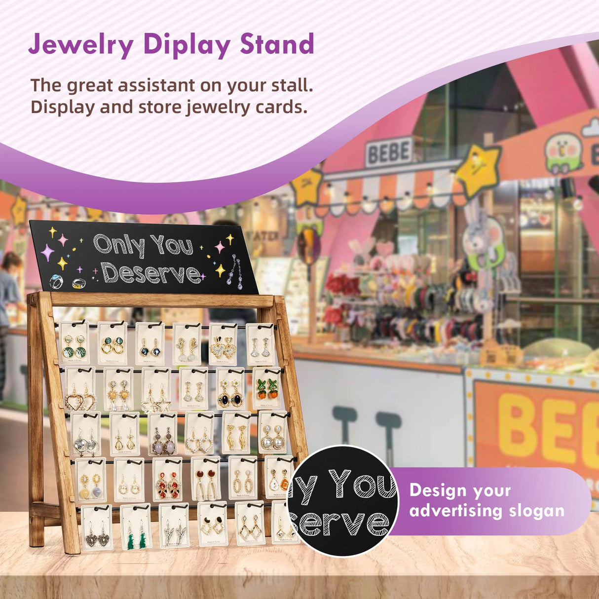 Poyilooo Jewelry Display for Vendors Selling, Wood Earring Bracelet Keychain Display for Vendors with Adversitsing Board 30 Hooks, Large Capacity Jewelry Holder Display Stands Rack for Earring Card Poyilooo