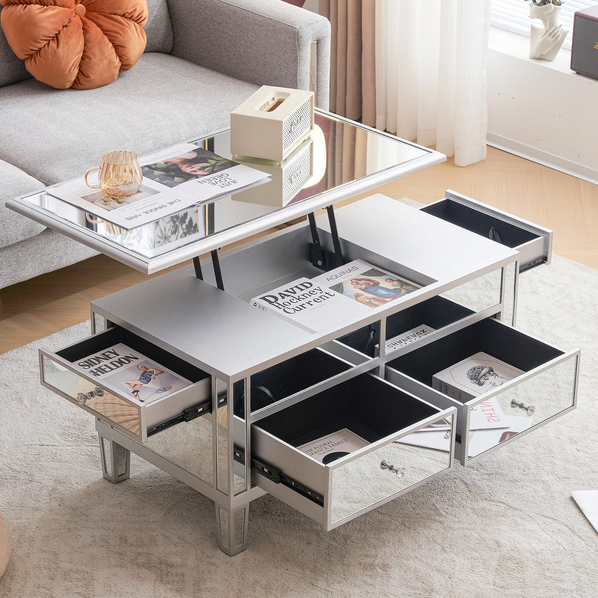 VINGLI Mirrored Lift Top Coffee Table, Assembled Modern Coffee Table with Drawers for Living Room (Silver, 35'' x 19'' x 18'') VINGLI